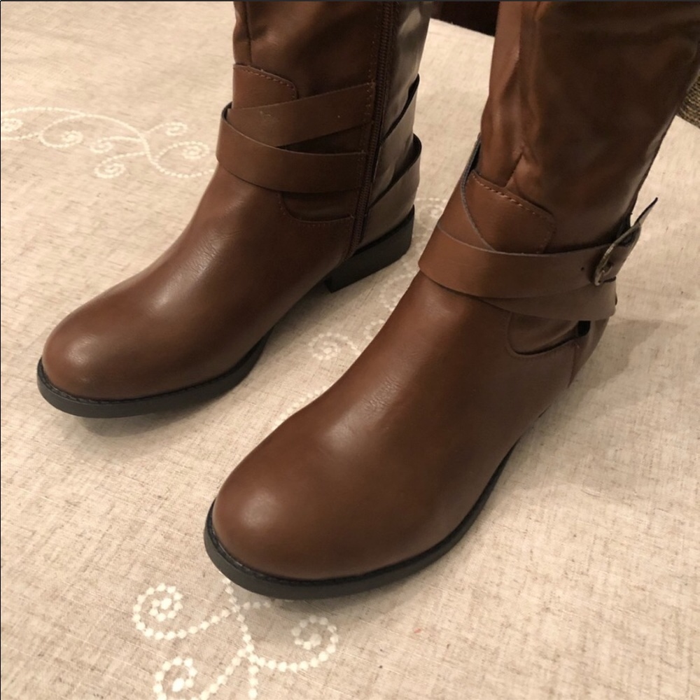 Brown Tall Vegan Leather Riding Boots w Buckle - Picture 7 of 8